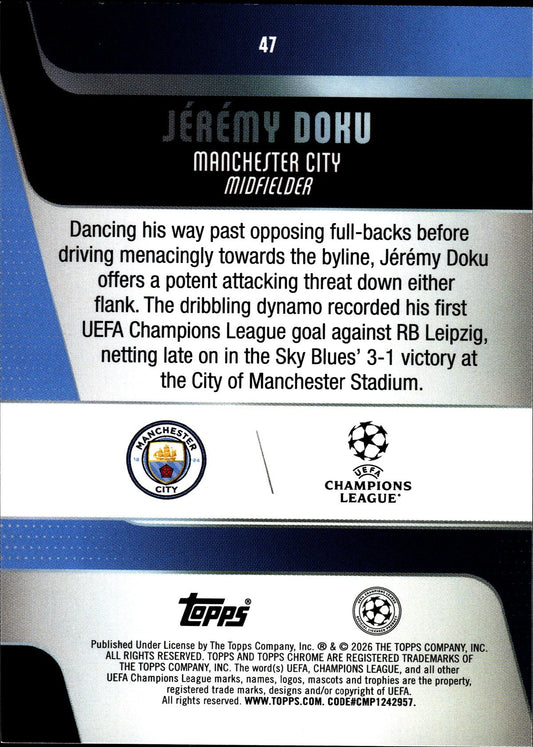 2025-26 Topps Chrome UEFA Club Competitions #47 Jérémy Doku – Manchester City – back