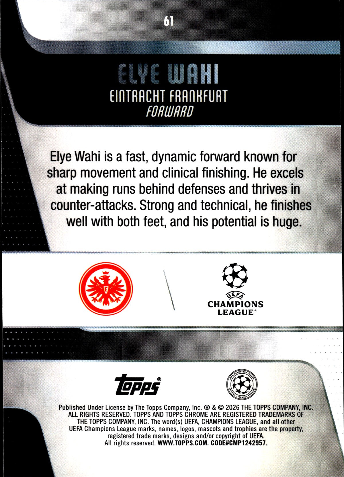 2025-26 Topps Chrome UEFA Club Competitions #61 Elye Wahi – Eintracht Frankfurt – back