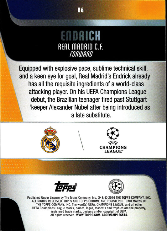 2025-26 Topps Chrome UEFA Club Competitions #86 Endrick – Real Madrid – Future Stars – back
