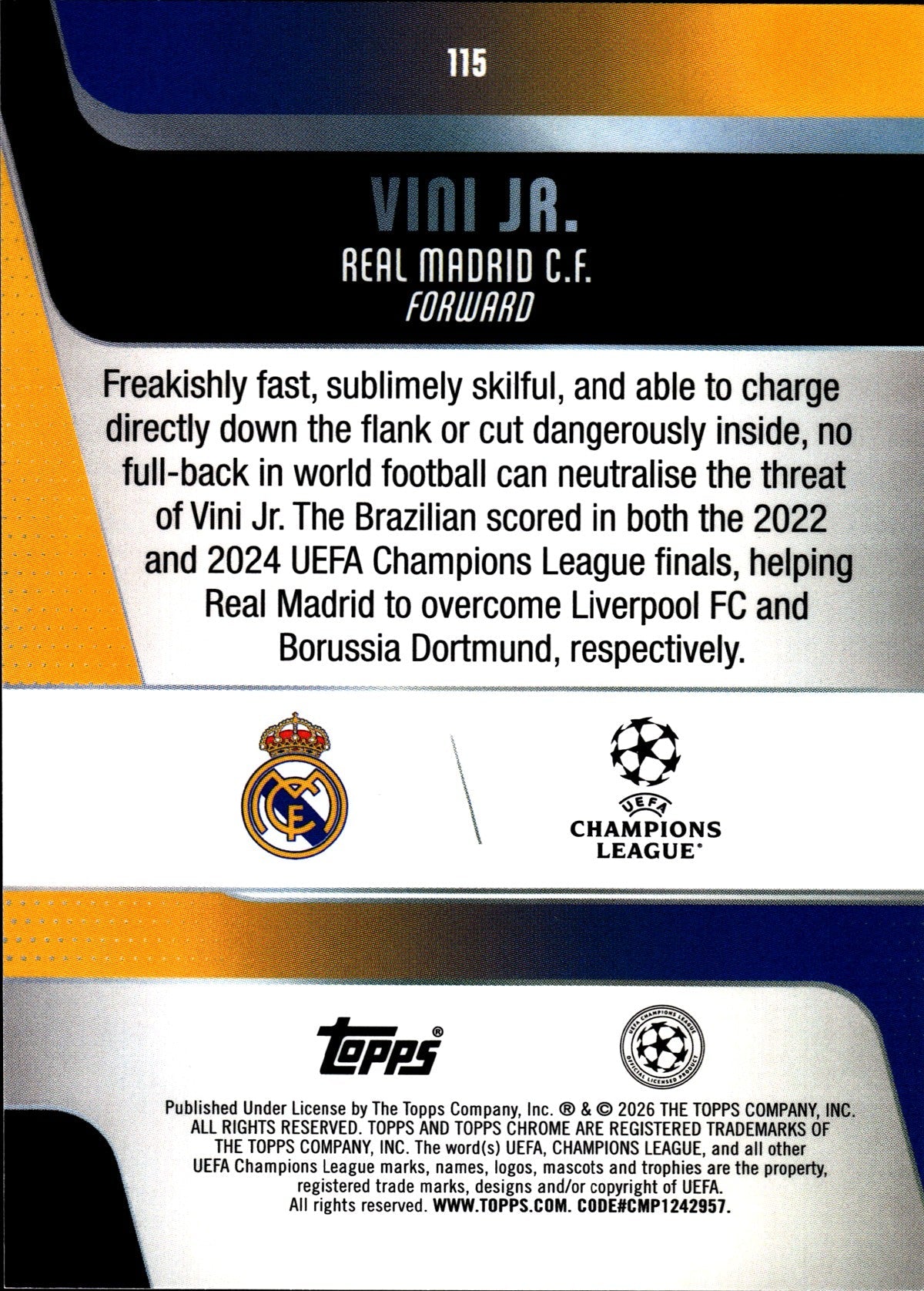 2025-26 Topps Chrome UEFA Club Competitions #115 Vini Jr. – Real Madrid – back