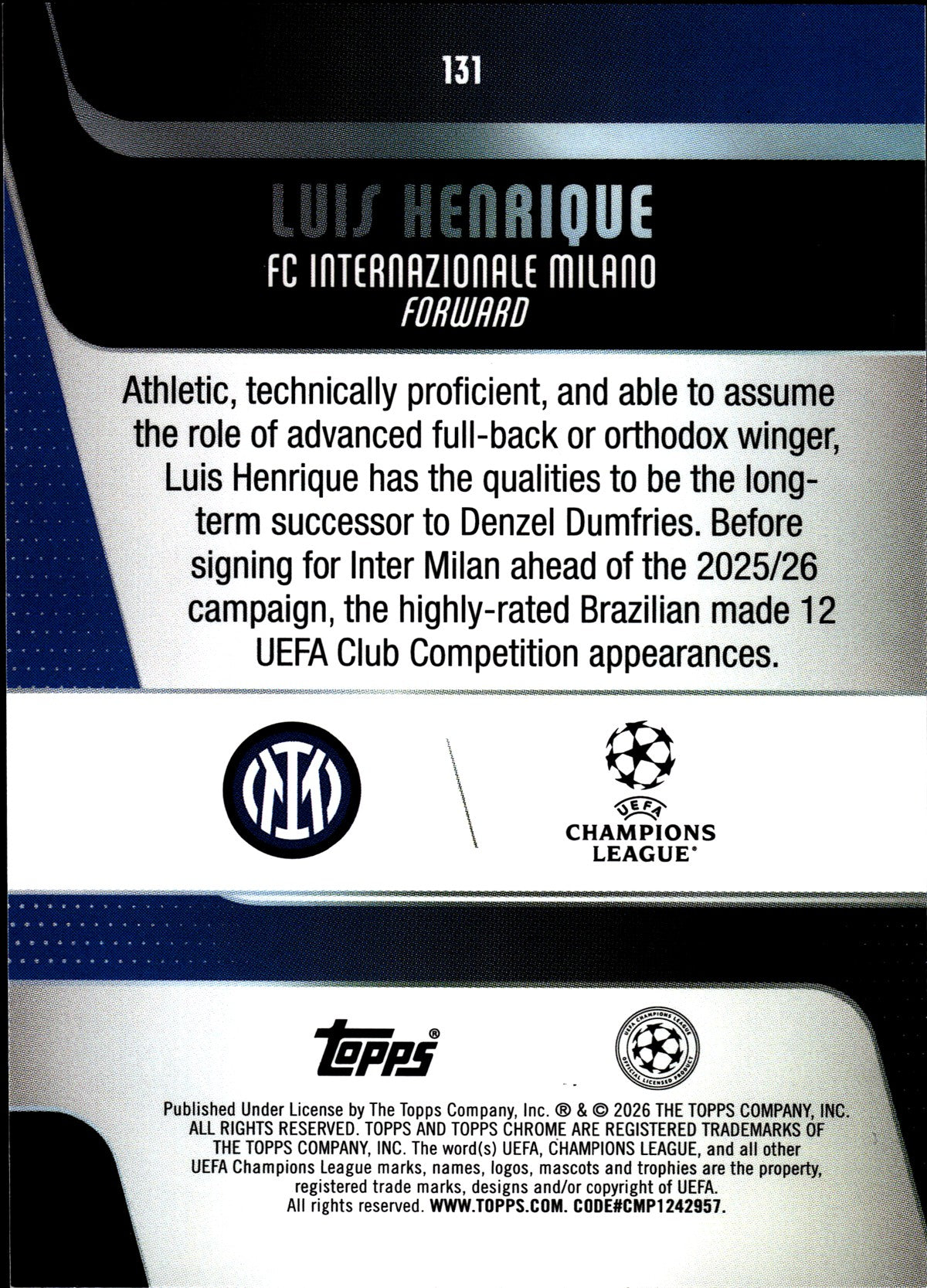 2025-26 Topps Chrome UEFA Club Competitions #131 Luis Henrique – Inter Milan – back