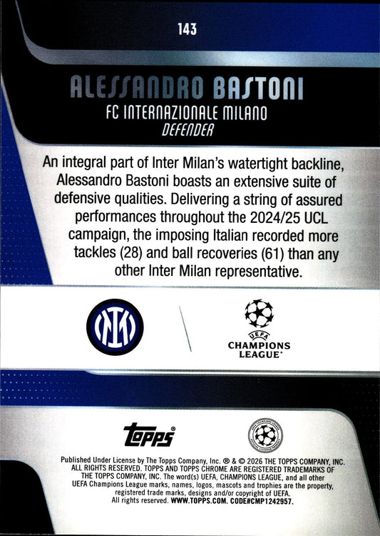 2025-26 Topps Chrome UEFA Club Competitions #143 Alessandro Bastoni – Inter Milan – back