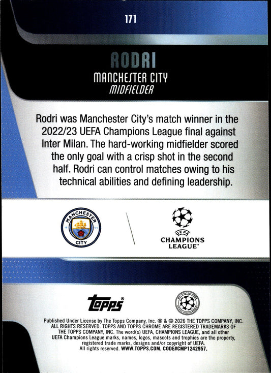 2025-26 Topps Chrome UEFA Club Competitions #171 Rodri – Manchester City – back