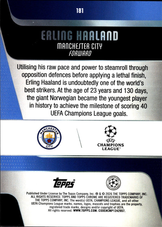 2025-26 Topps Chrome UEFA Club Competitions #181 Erling Haaland – Manchester City – back