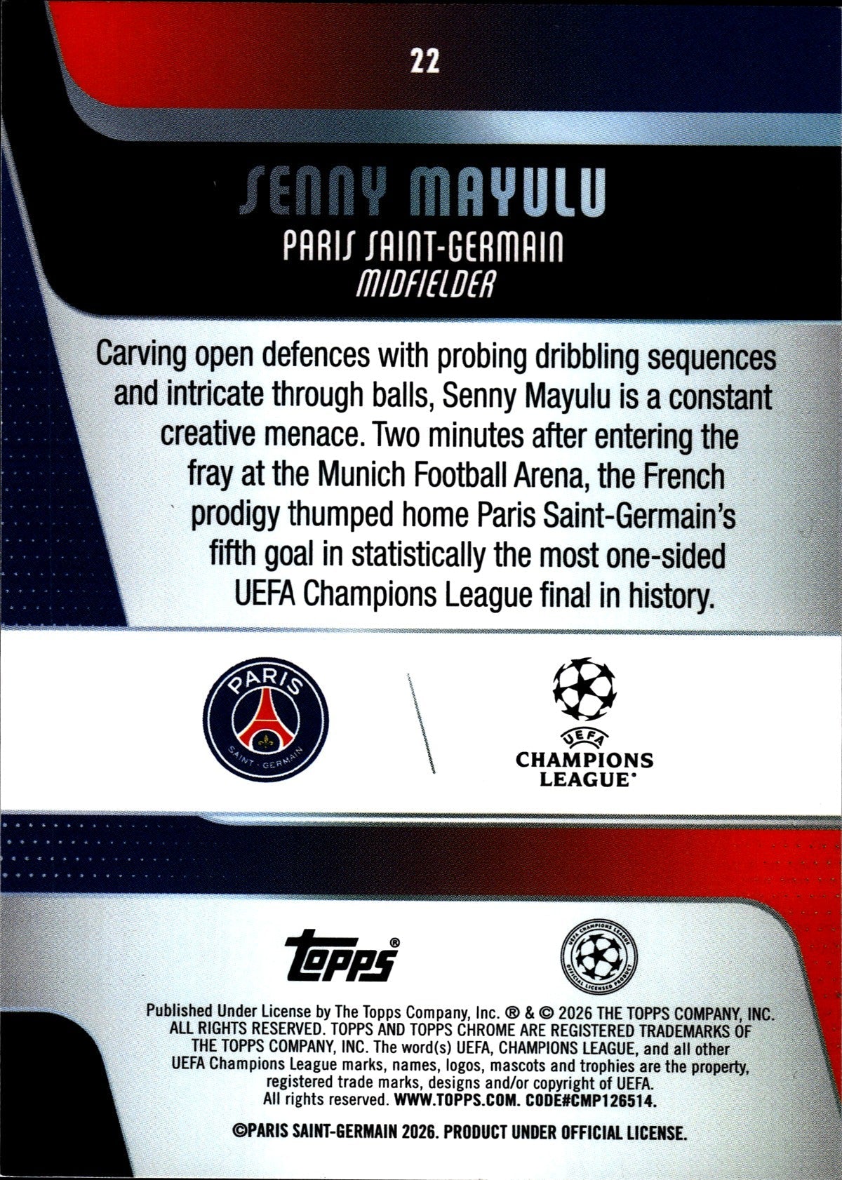 2025-26 Topps Chrome UEFA Club Competitions #22 Senny Mayulu – Paris Saint-Germain – Future Stars – back