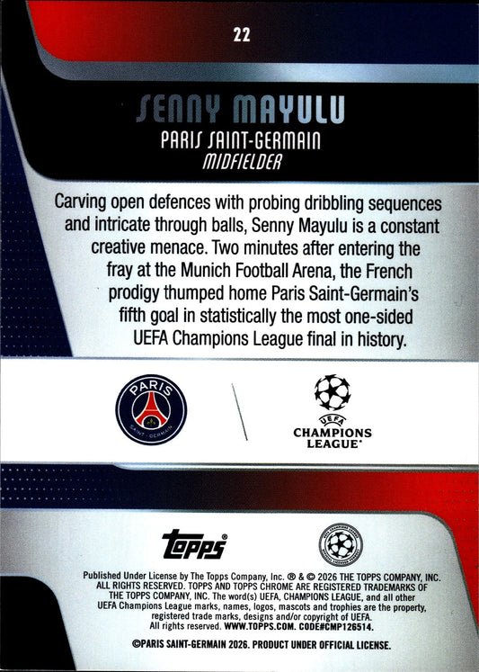 2025-26 Topps Chrome UEFA Club Competitions #22 Senny Mayulu – Paris Saint-Germain – Future Stars – back