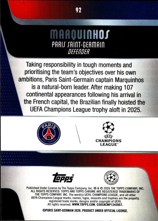 2025-26 Topps Chrome UEFA Club Competitions #92 Marquinhos – Paris Saint-Germain – back