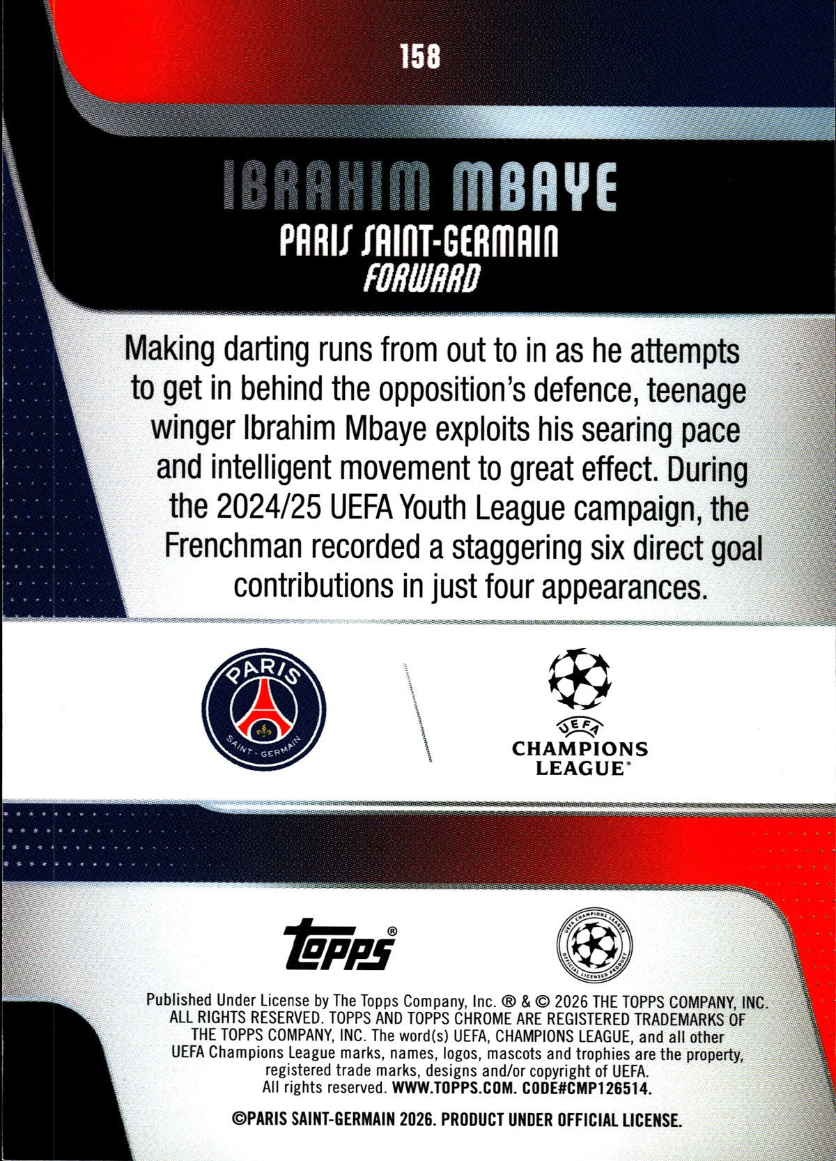 2025-26 Topps Chrome UEFA Club Competitions #158 Ibrahim Mbaye – Paris Saint-Germain – Future Stars – back