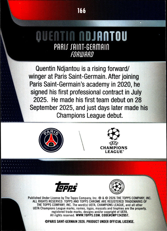 2025-26 Topps Chrome UEFA Club Competitions #166 Quentin Ndjantou RC – Paris Saint-Germain – back