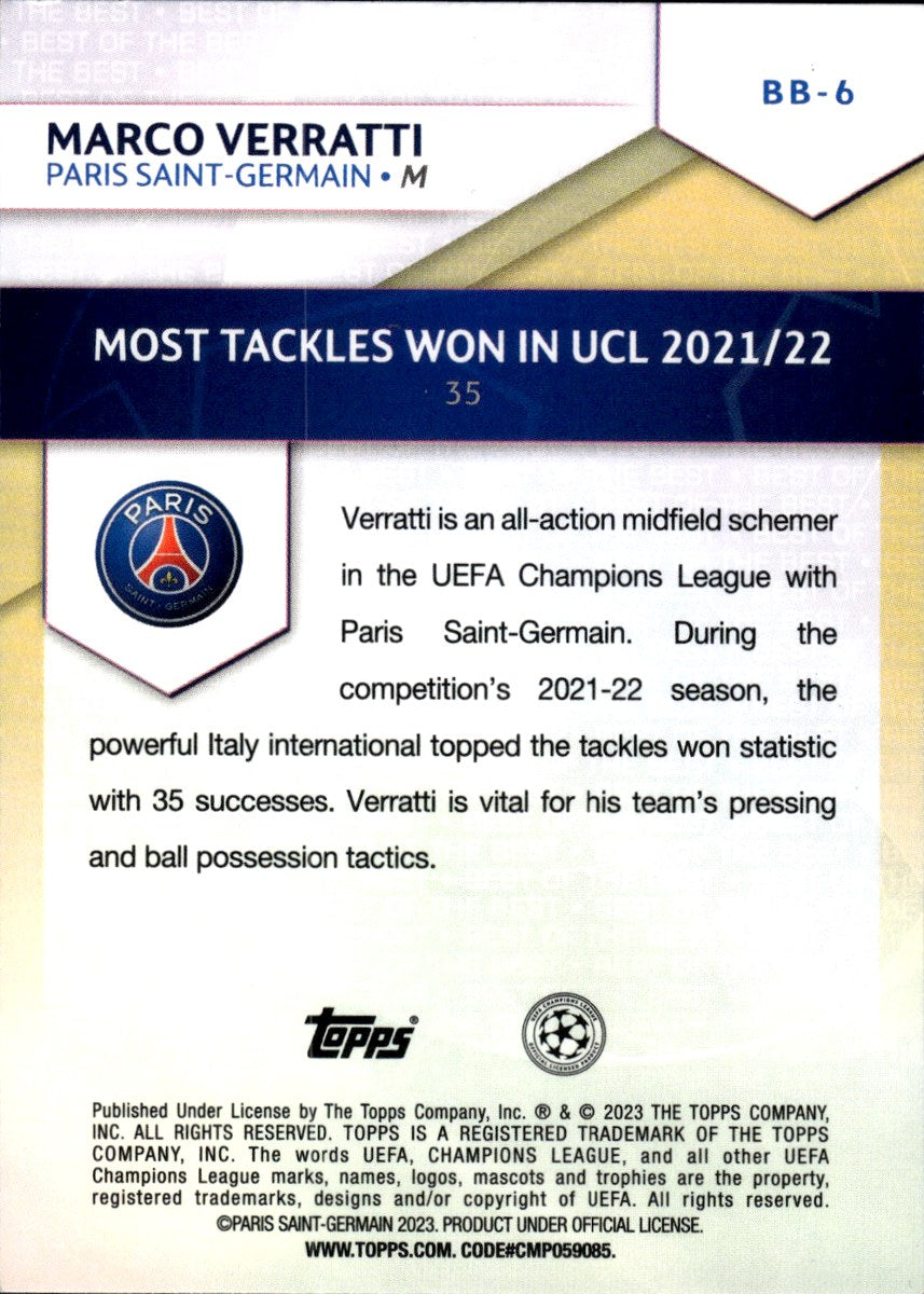 Marco Verratti – Paris Saint-Germain · 2022-23 Topps UEFA Club Competitions #BB-6 Best of the Best – back