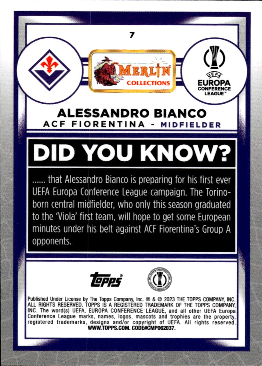 Alessandro Bianco – ACF Fiorentina · 2022-23 Topps Merlin Chrome UEFA Club Competitions #7 Aqua Prism Refractor RC – back
