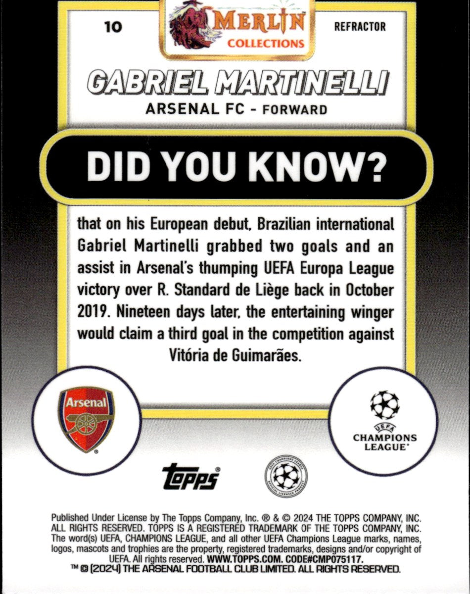 Gabriel Martinelli – Arsenal FC · 2023-24 Topps Merlin Collection UEFA Club Competitions #10 Refractor – back