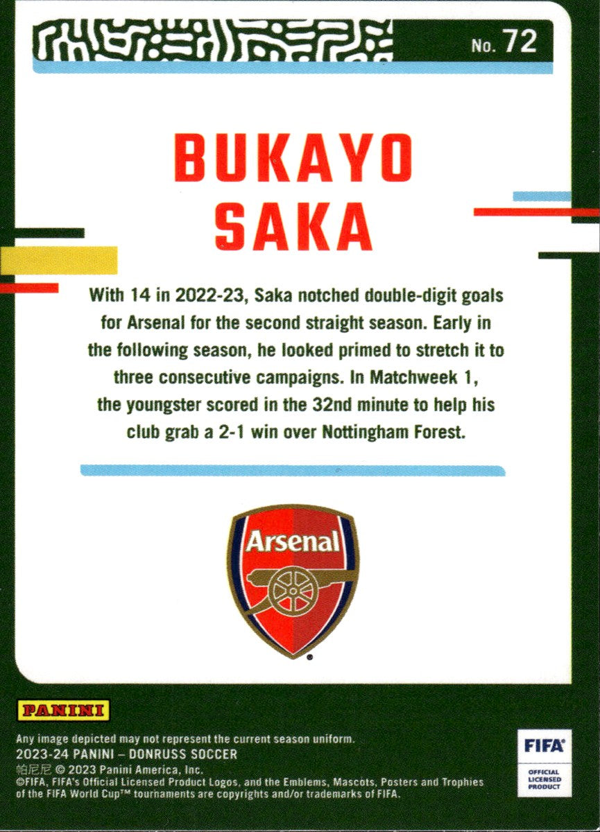Bukayo Saka – Arsenal · 2023-24 Panini Donruss Soccer #72 Silver Parallel – back
