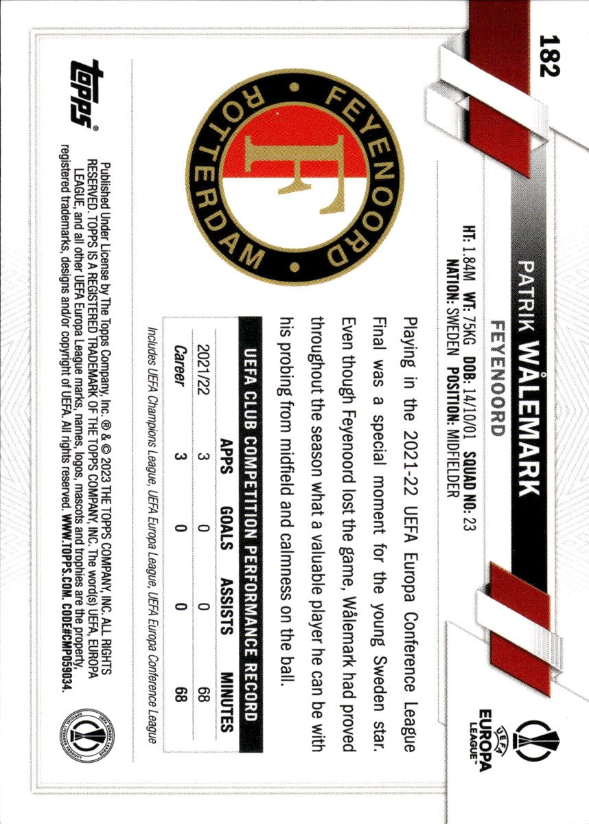 Patrik Wålemark – Feyenoord · 2022-23 Topps UEFA Club Competitions #182 RC – back
