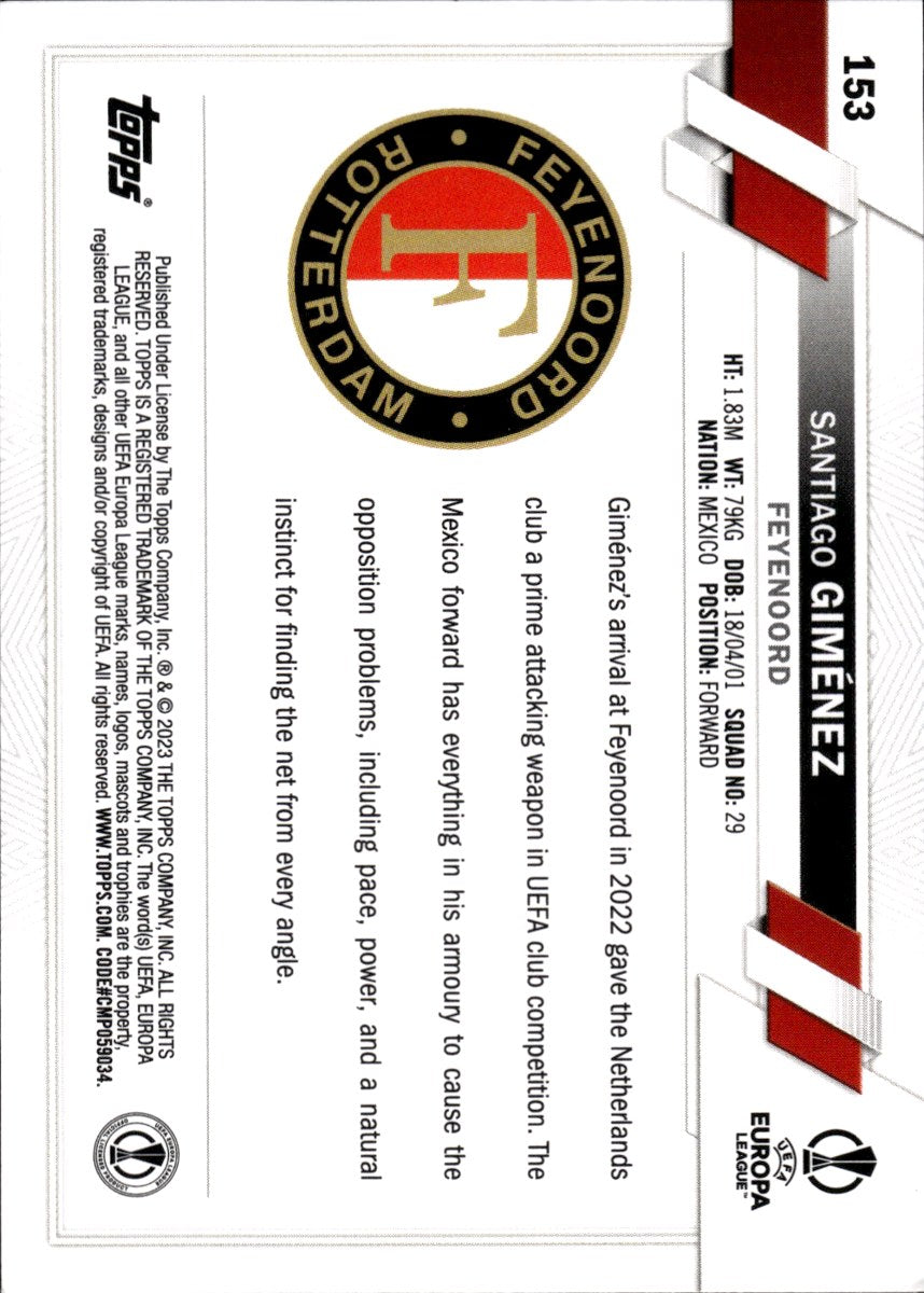 Santiago Giménez – Feyenoord · 2022-23 Topps UEFA Club Competitions #153 RC – back