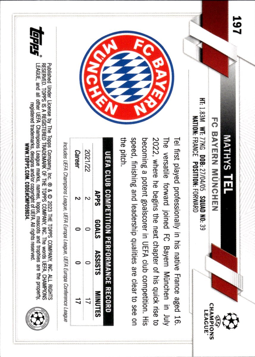 Mathys Tel – FC Bayern München · 2022-23 Topps UEFA Club Competitions #197 Future Stars – back