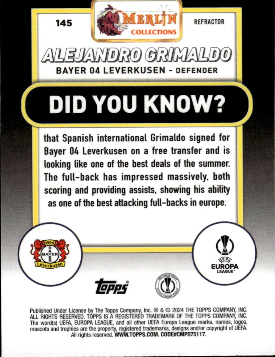 Alejandro Grimaldo – Bayer 04 Leverkusen · 2023-24 Topps Merlin Chrome UEFA Club Competitions #145 Refractor – back