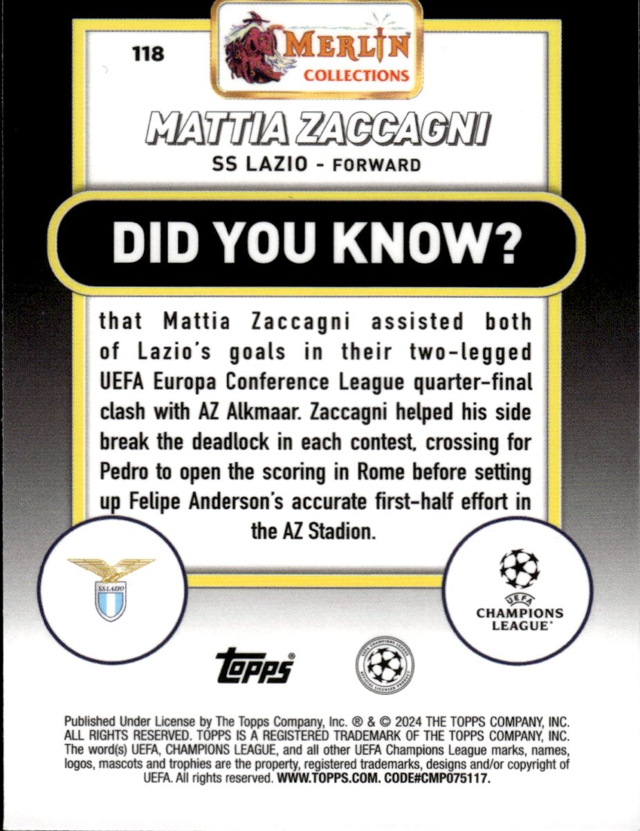 Mattia Zaccagni – SS Lazio · 2023-24 Topps Merlin Chrome UEFA Club Competitions #118 Aqua Prism Refractor – back