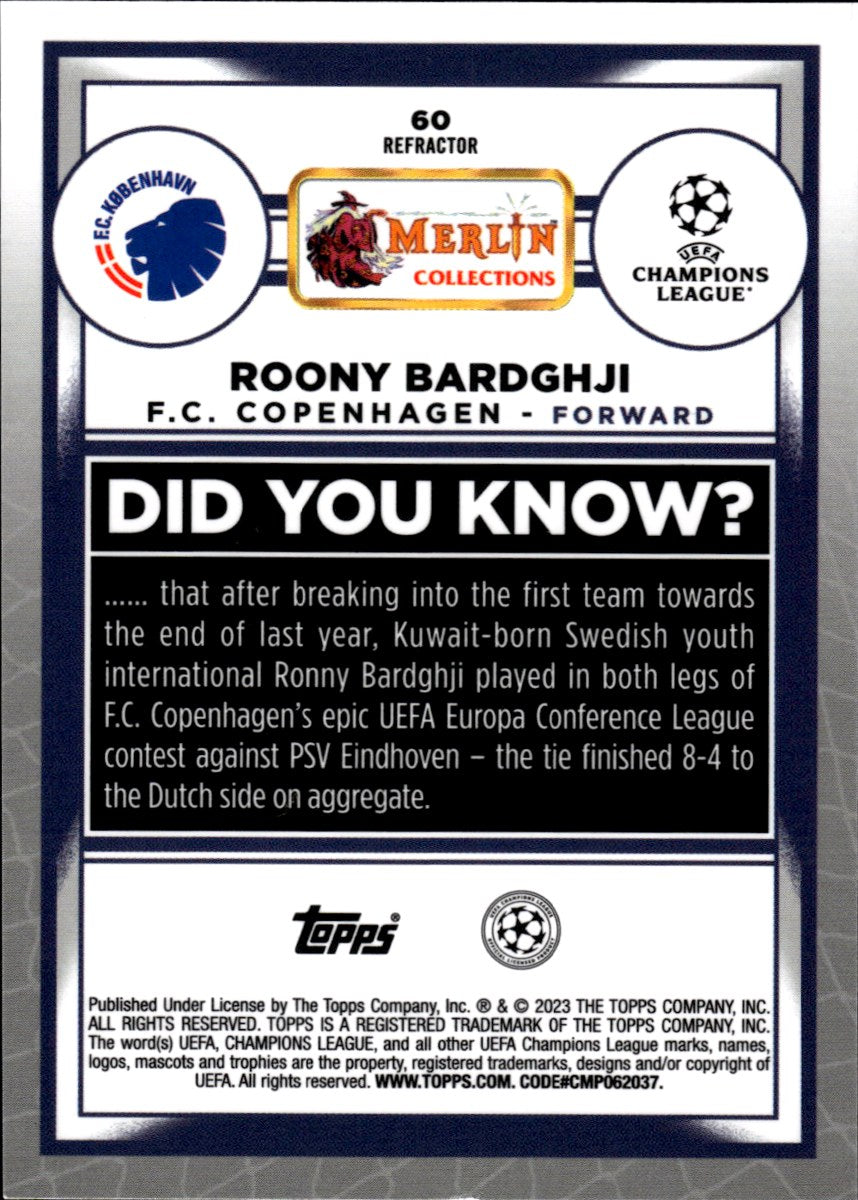 Roony Bardghji – F.C. Copenhagen · 2022-23 Topps Merlin Chrome UEFA Club Competitions #60 Refractor RC – back