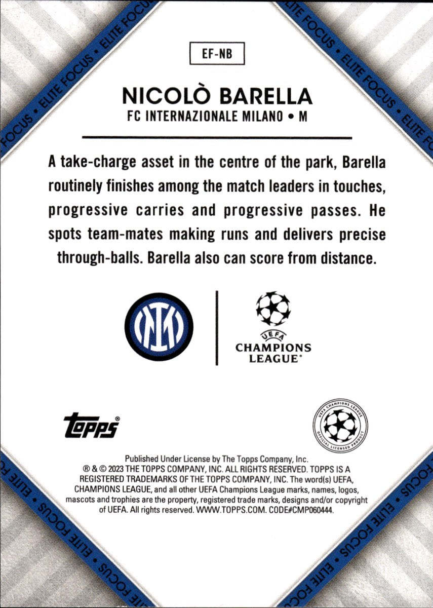 Nicolò Barella – Inter · 2022-23 Topps UEFA Superstars #EF-NB Elite Focus – back