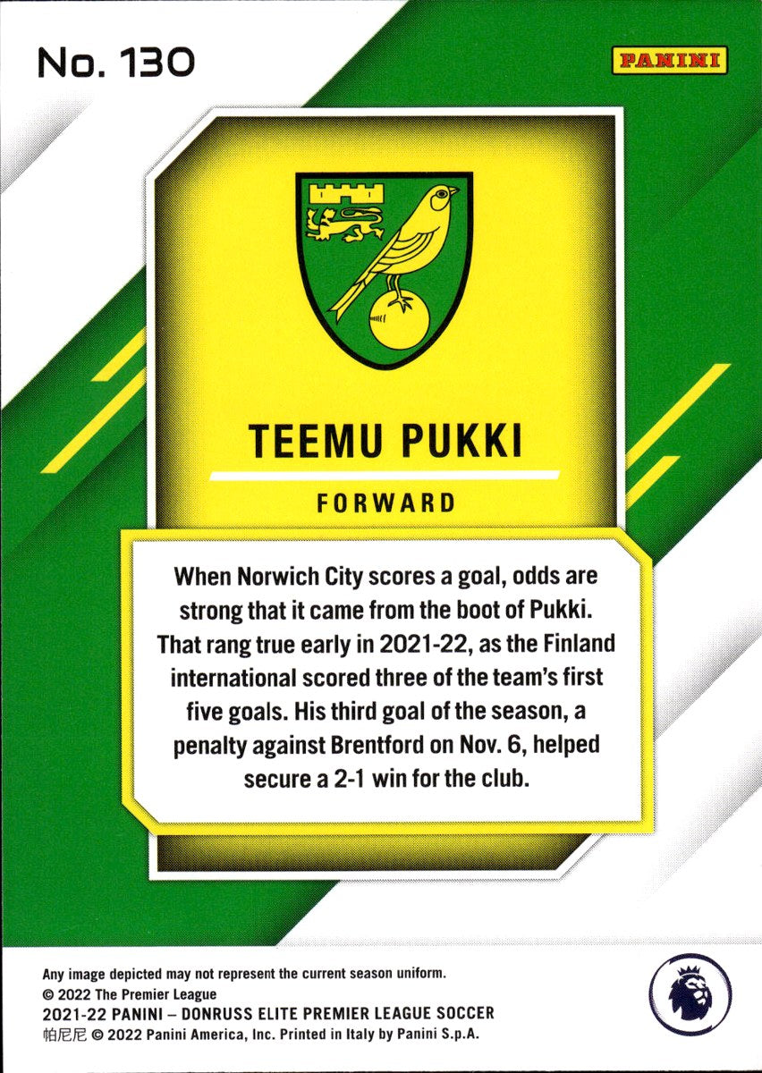 Teemu Pukki – Norwich City · 2021-22 Panini Donruss Elite Premier League #130 Red Fireworks – back