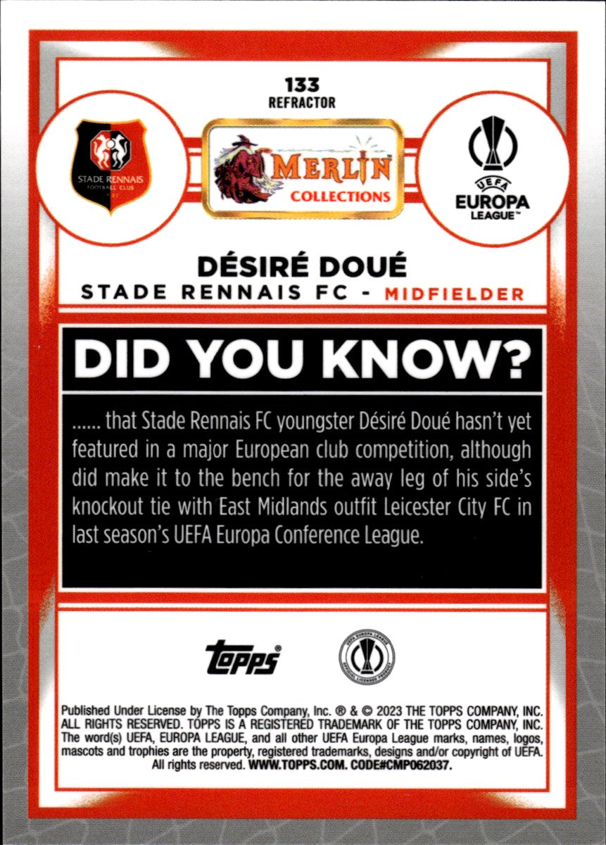 Désiré Doué – Stade Rennais FC · 2022-23 Topps Merlin Chrome UEFA Club Competitions #133 Refractor RC – back