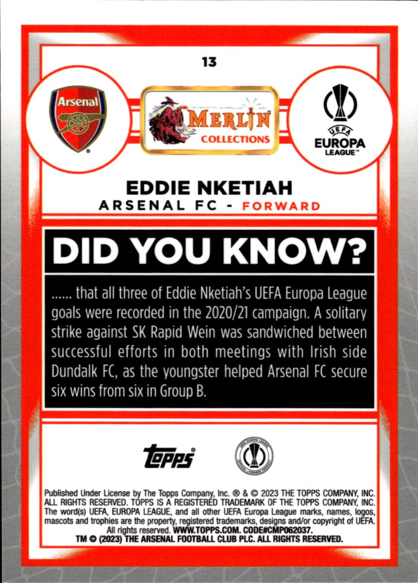 Eddie Nketiah – Arsenal FC · 2023-24 Topps Merlin Chrome UEFA Club Competitions #13 Aqua Refractor – back