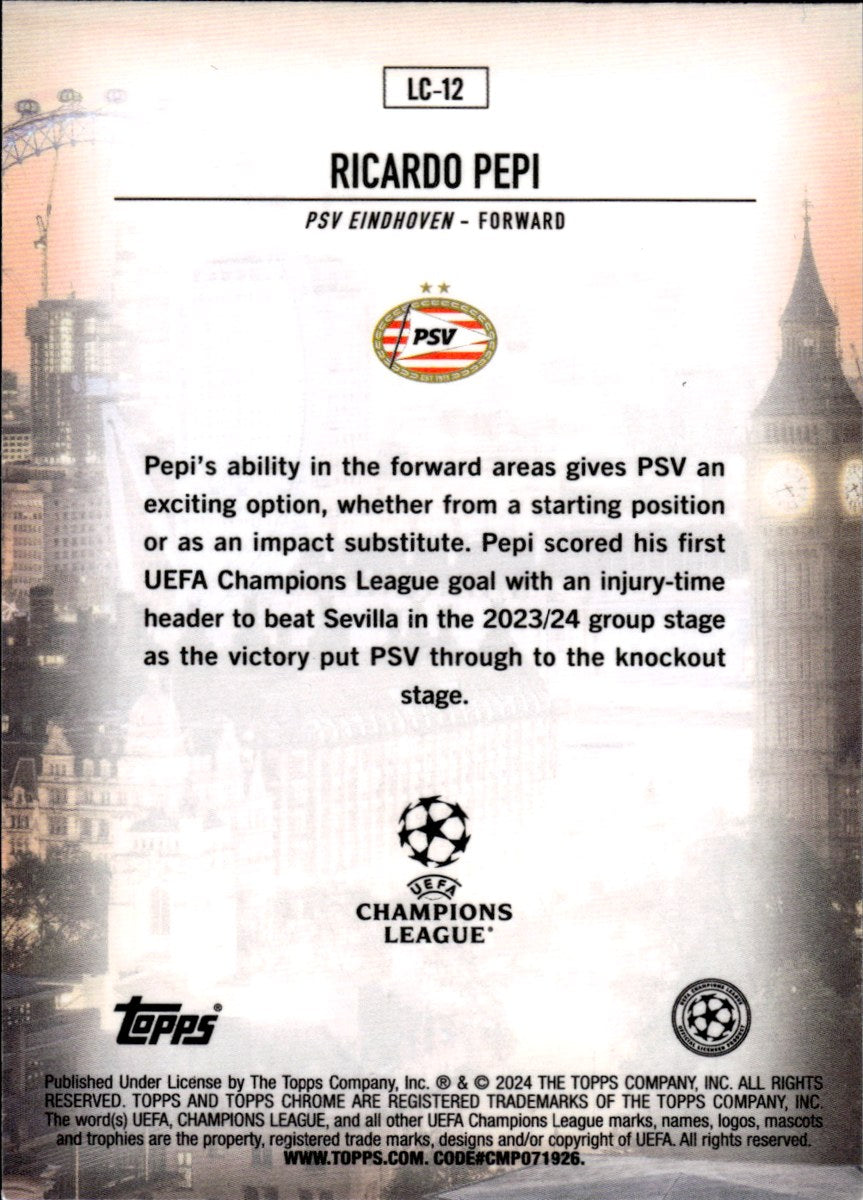 Ricardo Pepi – PSV Eindhoven · 2023-24 Topps Chrome UEFA Club Competitions #LC-12 London Calling – back