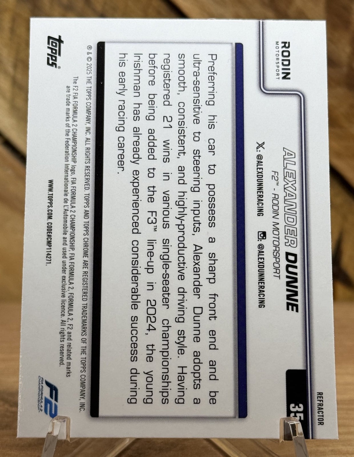 Alexander Dunne – Rodin Motorsport (F2) · 2025 Topps Chrome F1 #35 Refractor