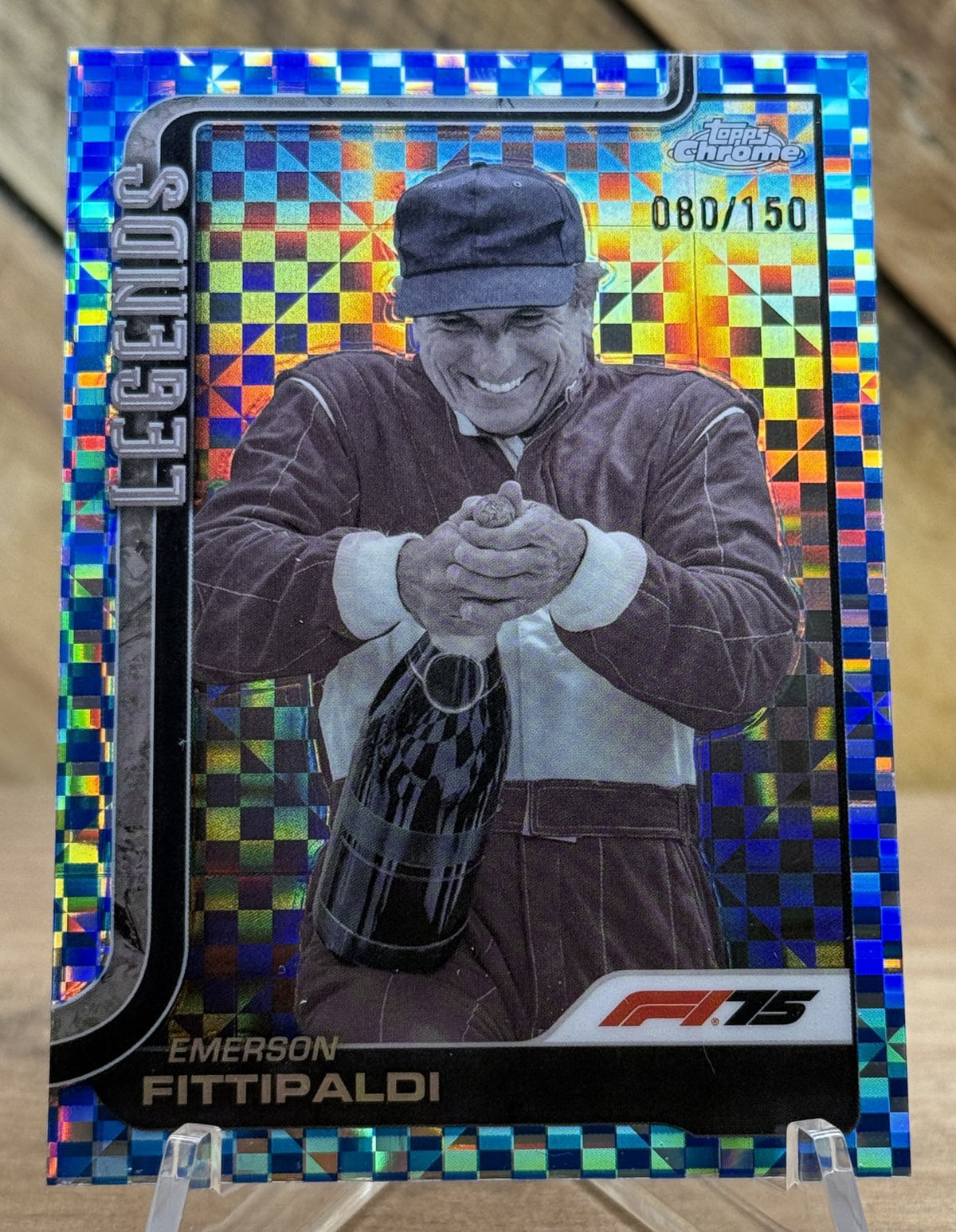 Emerson Fittipaldi · 2025 Topps Chrome F1 #152 Legends Blue Checker Refractor /150