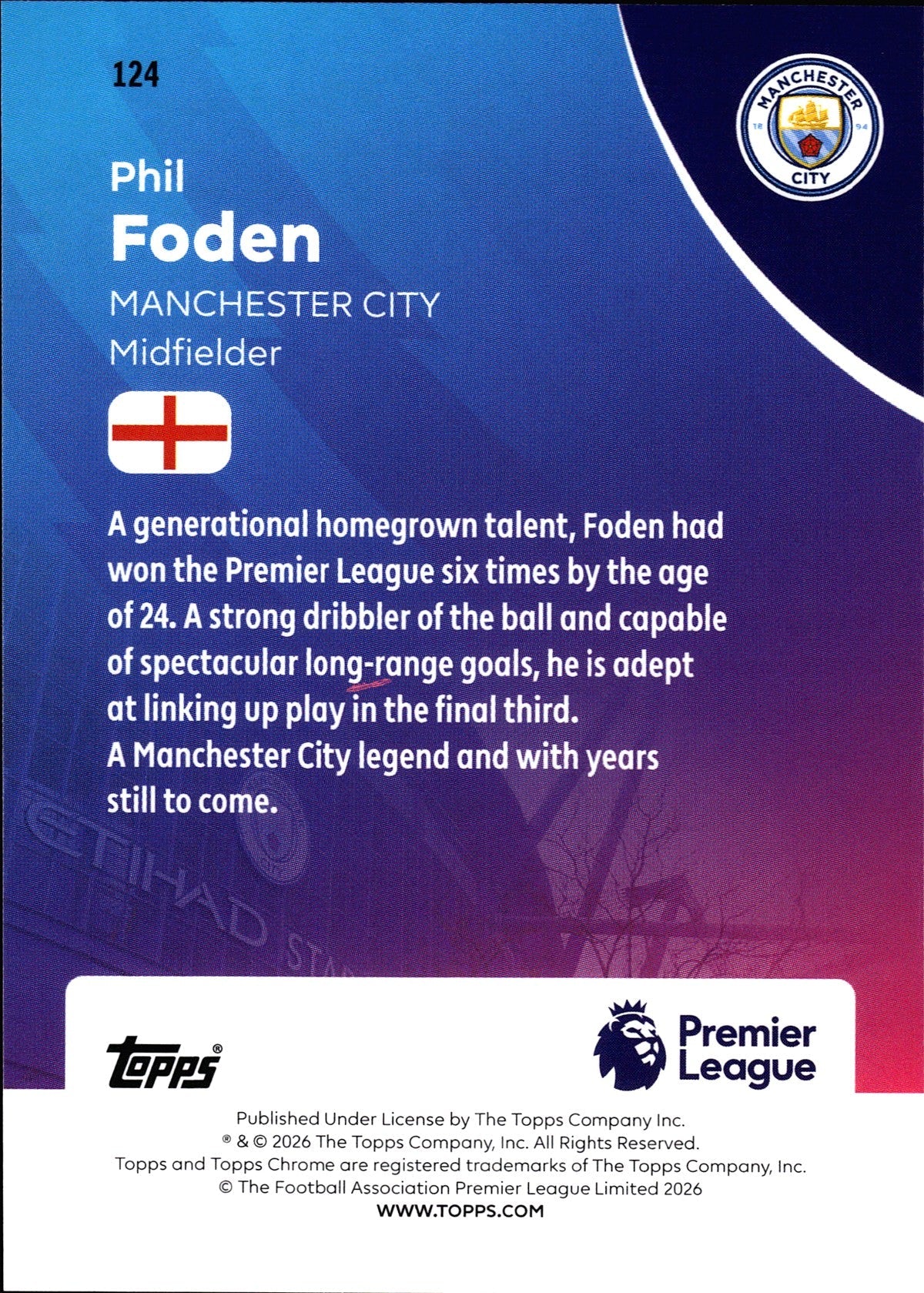 2025-26 Topps Chrome Premier League #124 Phil Foden – Manchester City – back