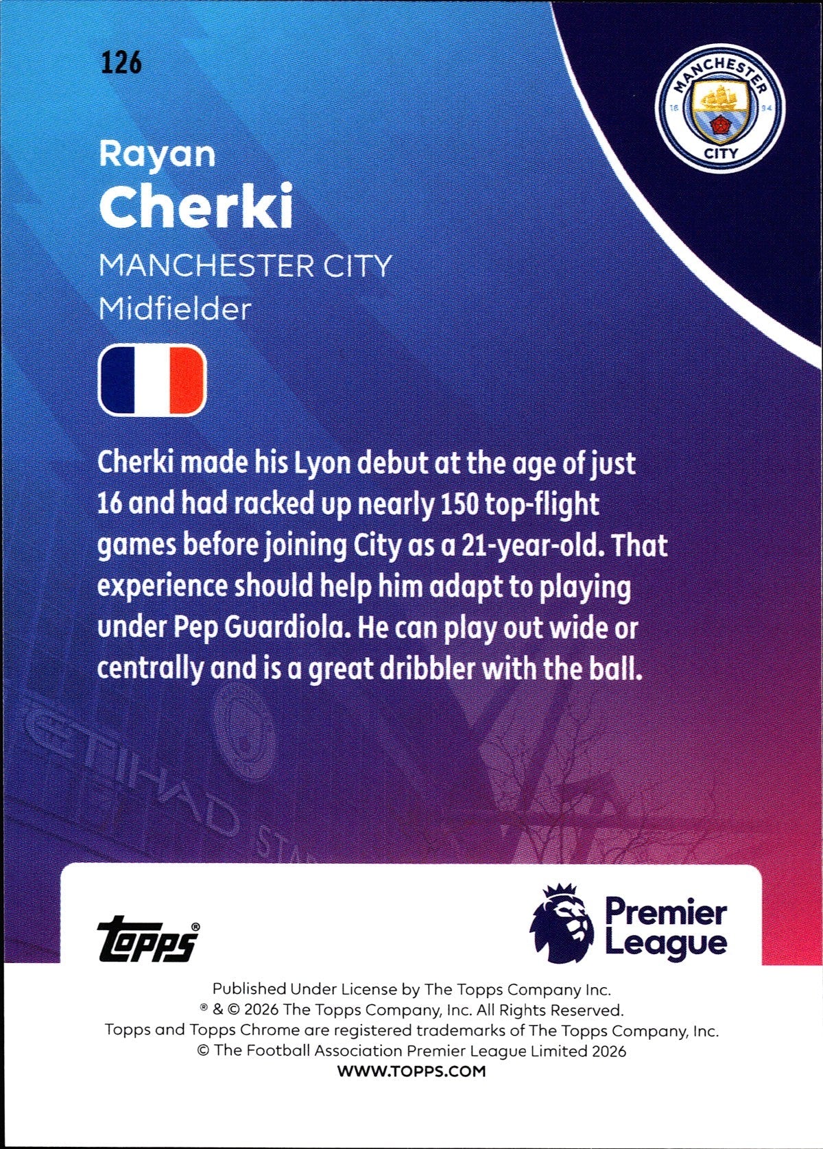 2025-26 Topps Chrome Premier League #126 Rayan Cherki – Manchester City – back