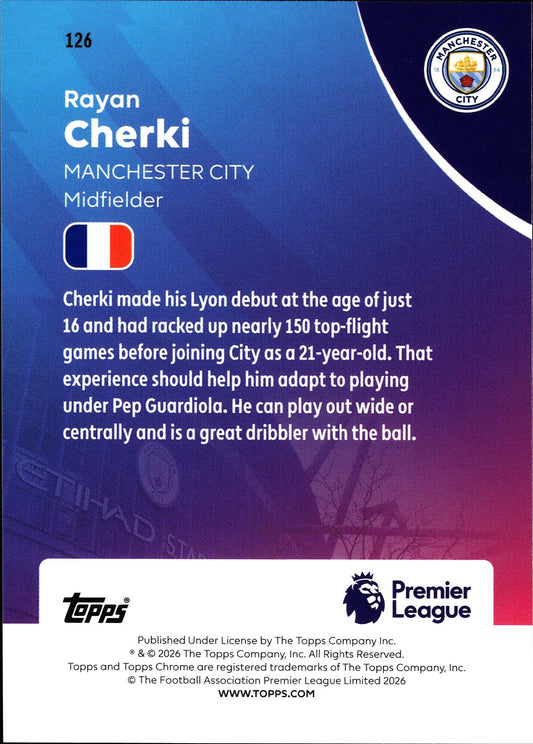 2025-26 Topps Chrome Premier League #126 Rayan Cherki – Manchester City – back