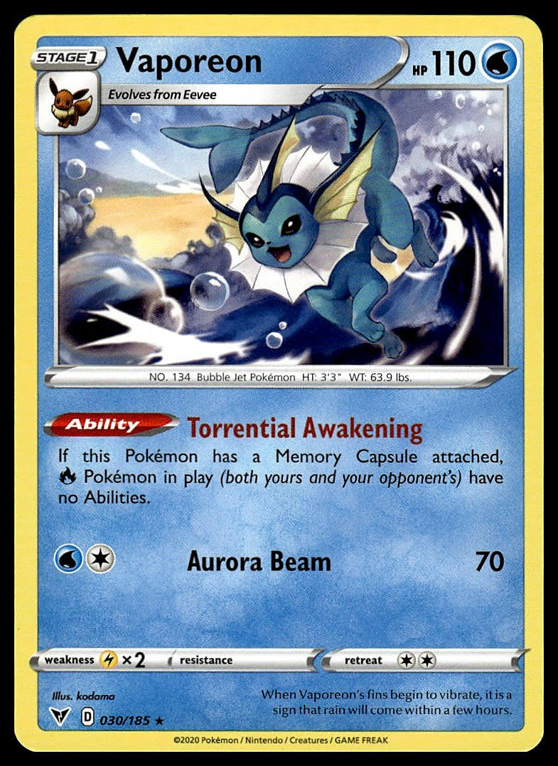 Pokémon – Vaporeon 030/185 – Vivid Voltage – Rare – front
