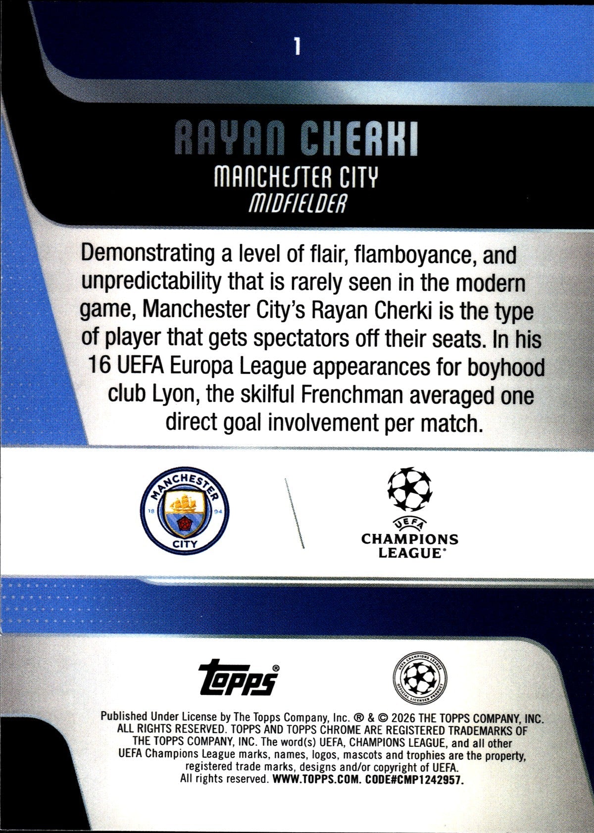 2025-26 Topps Chrome UEFA Club Competitions #1 Rayan Cherki – Manchester City – back