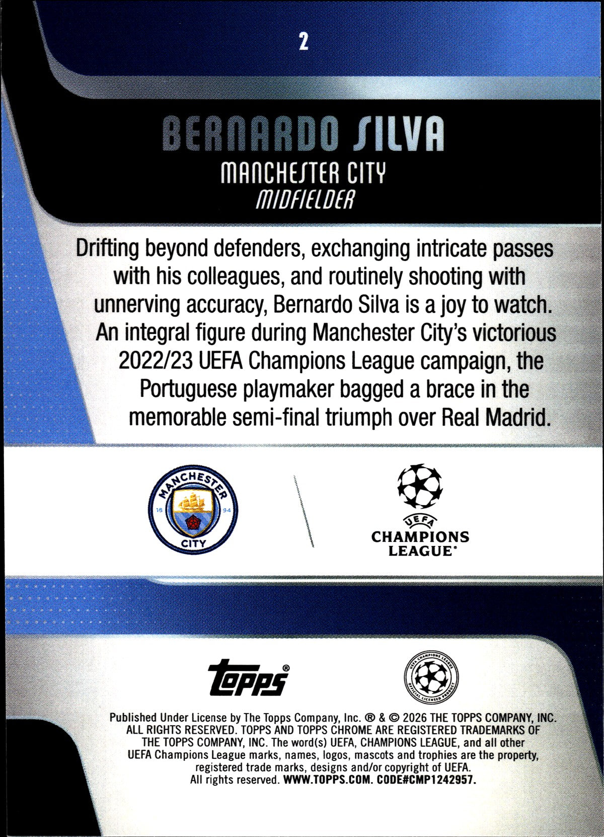 2025-26 Topps Chrome UEFA Club Competitions #2 Bernardo Silva – Manchester City – back