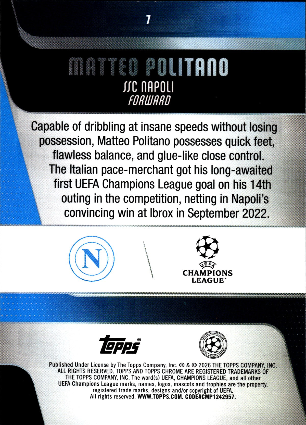 2025-26 Topps Chrome UEFA Club Competitions #7 Matteo Politano – SSC Napoli – back