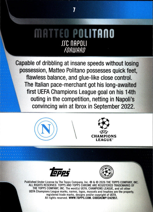 2025-26 Topps Chrome UEFA Club Competitions #7 Matteo Politano – SSC Napoli – back