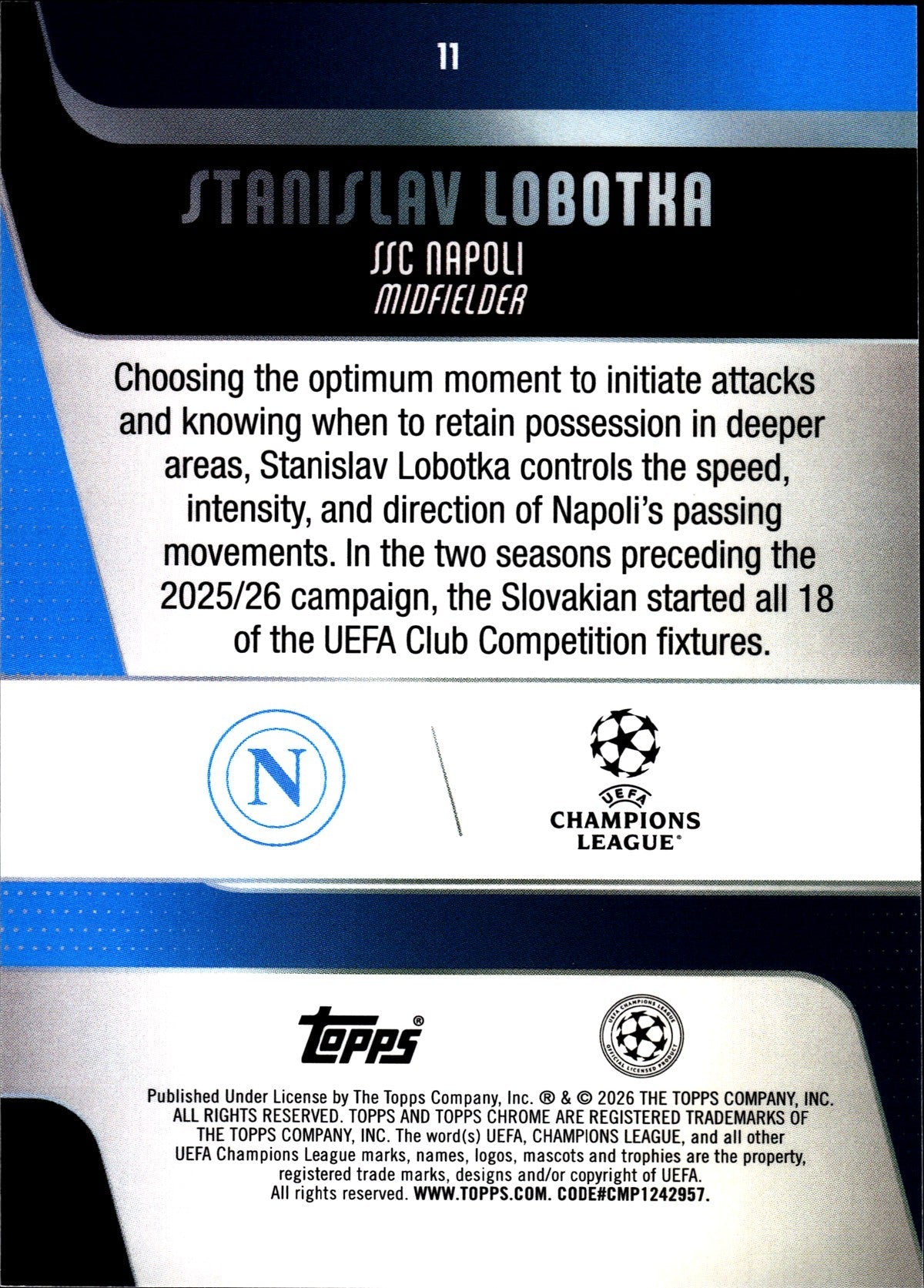 2025-26 Topps Chrome UEFA Club Competitions #11 Stanislav Lobotka – SSC Napoli – back