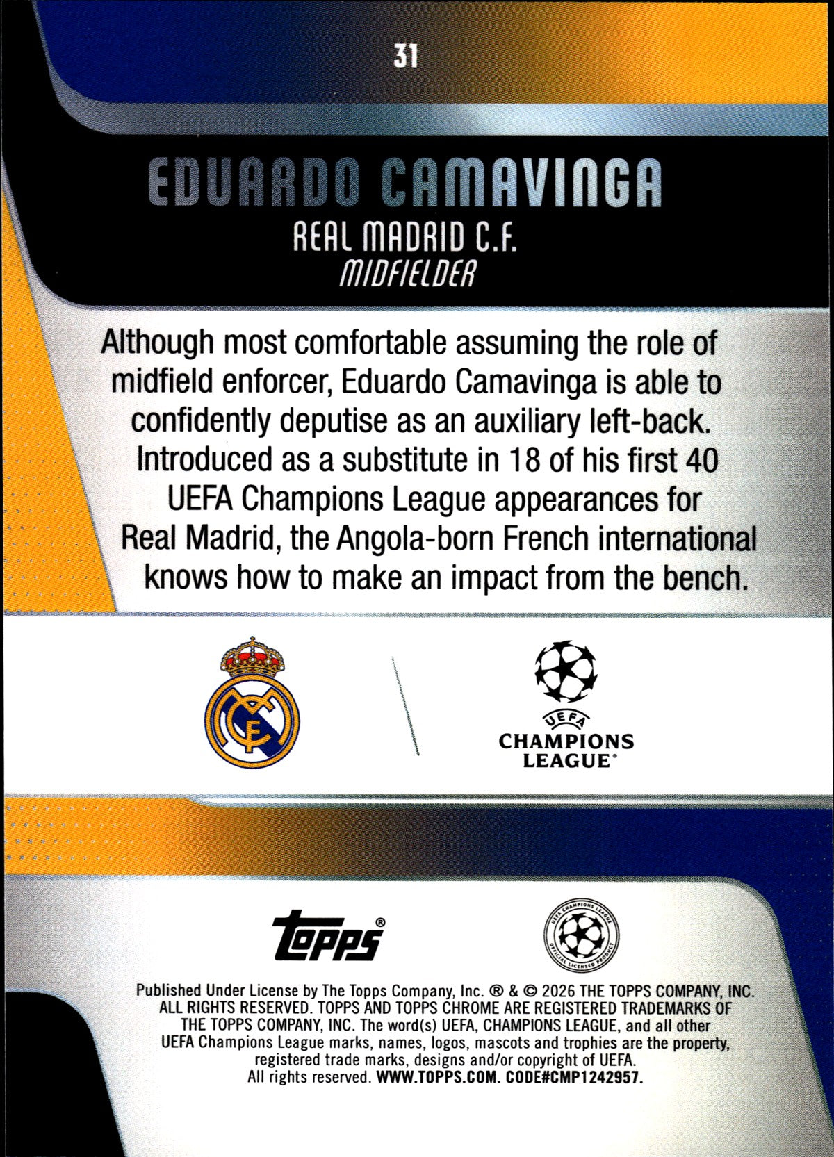 2025-26 Topps Chrome UEFA Club Competitions #31 Eduardo Camavinga – Real Madrid – back