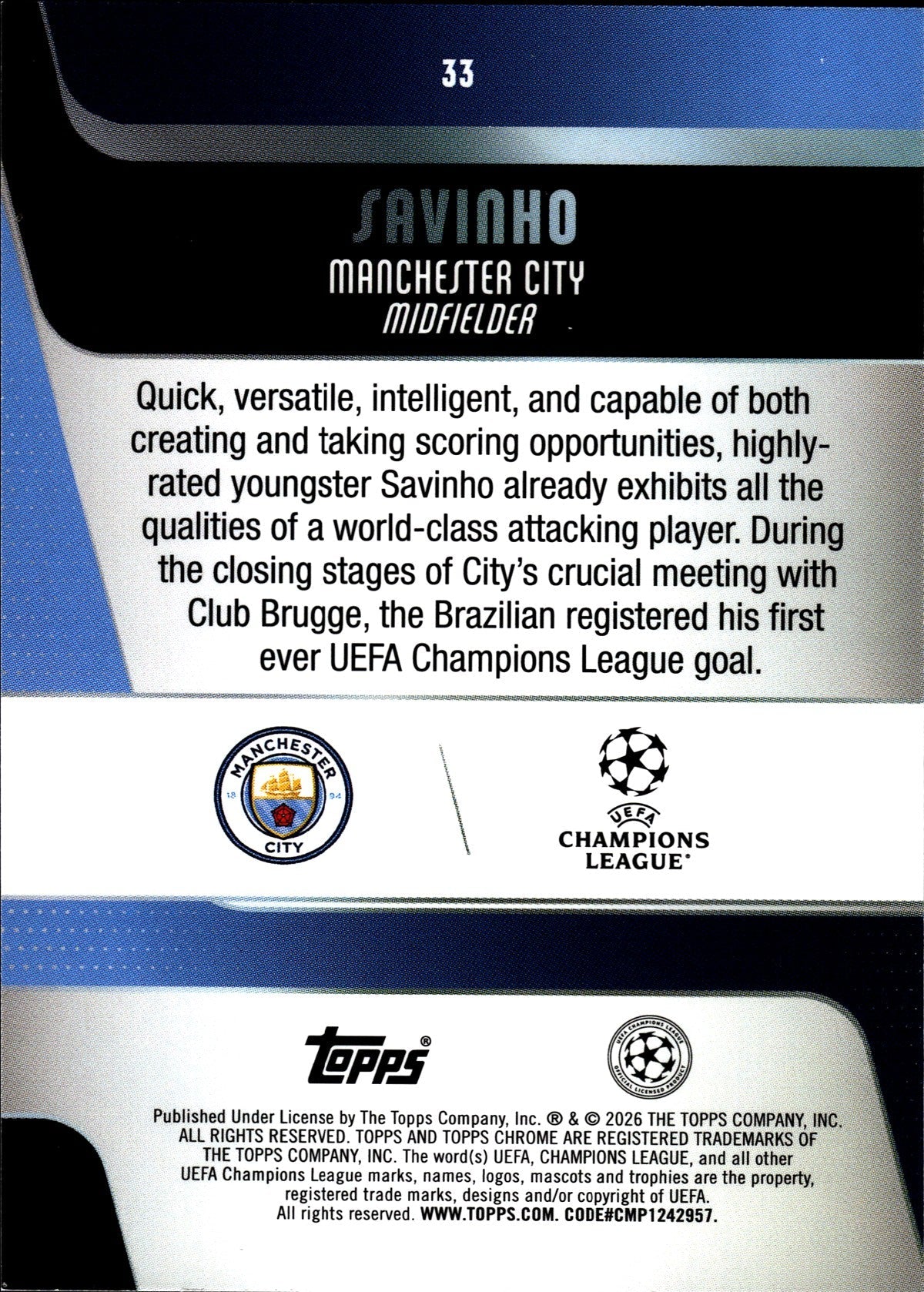 2025-26 Topps Chrome UEFA Club Competitions #33 Savinho – Manchester City – back
