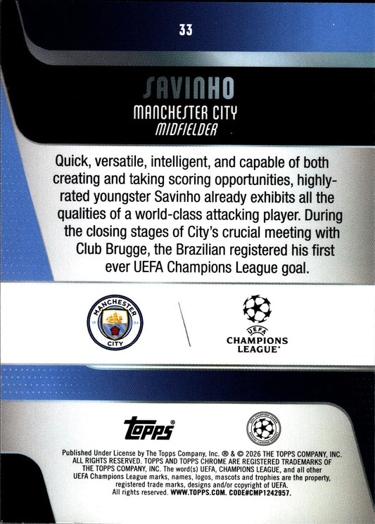 2025-26 Topps Chrome UEFA Club Competitions #33 Savinho – Manchester City – back