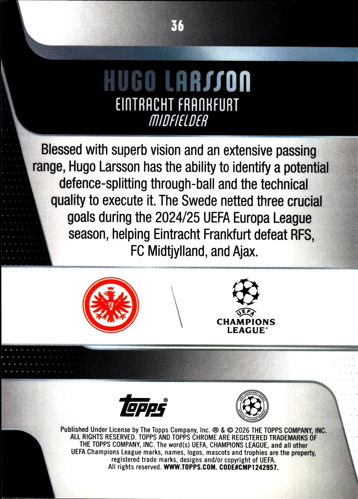 2025-26 Topps Chrome UEFA Club Competitions #36 Hugo Larsson – Eintracht Frankfurt – back