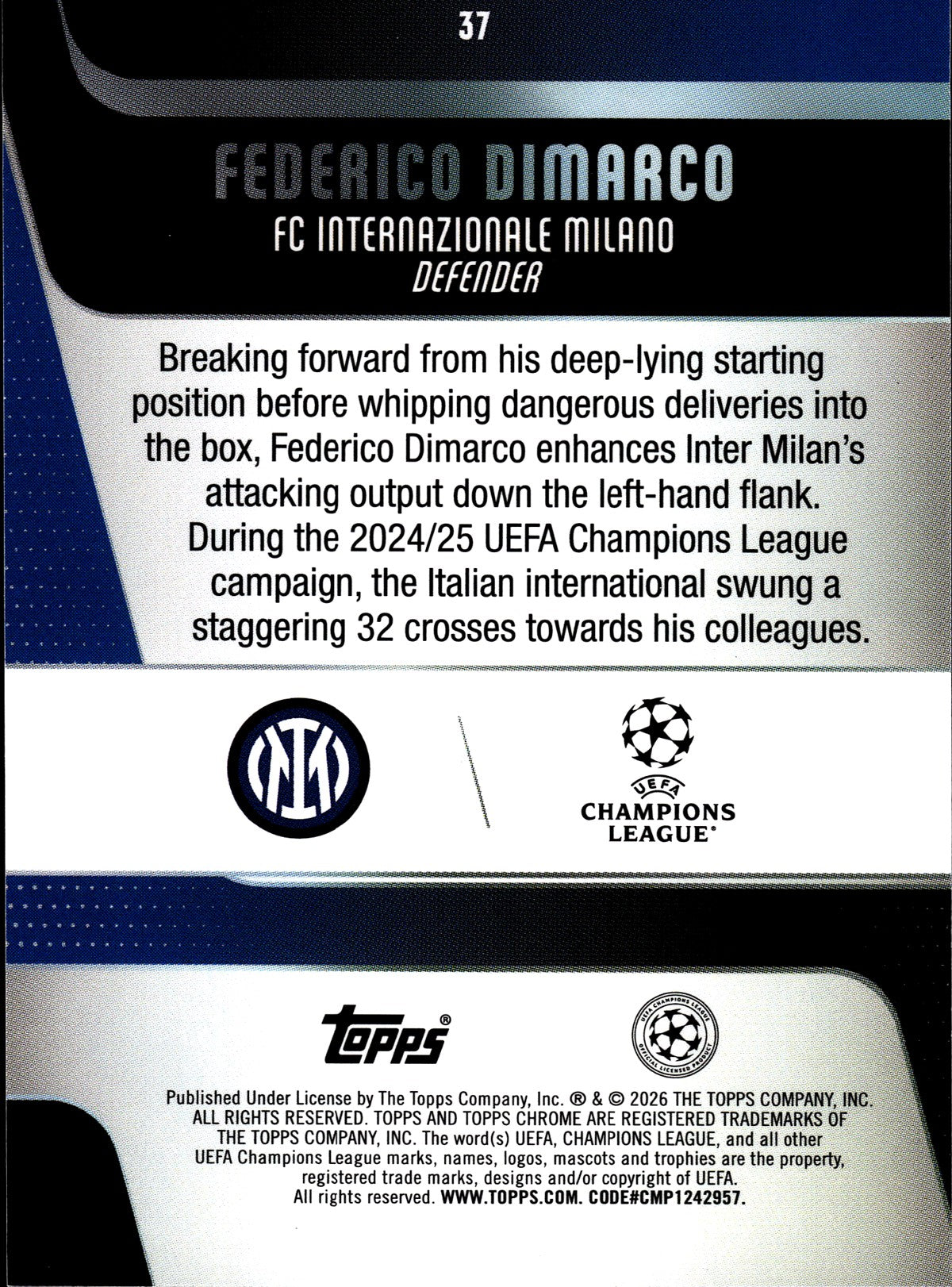 2025-26 Topps Chrome UEFA Club Competitions #37 Federico Dimarco – Inter Milan – back