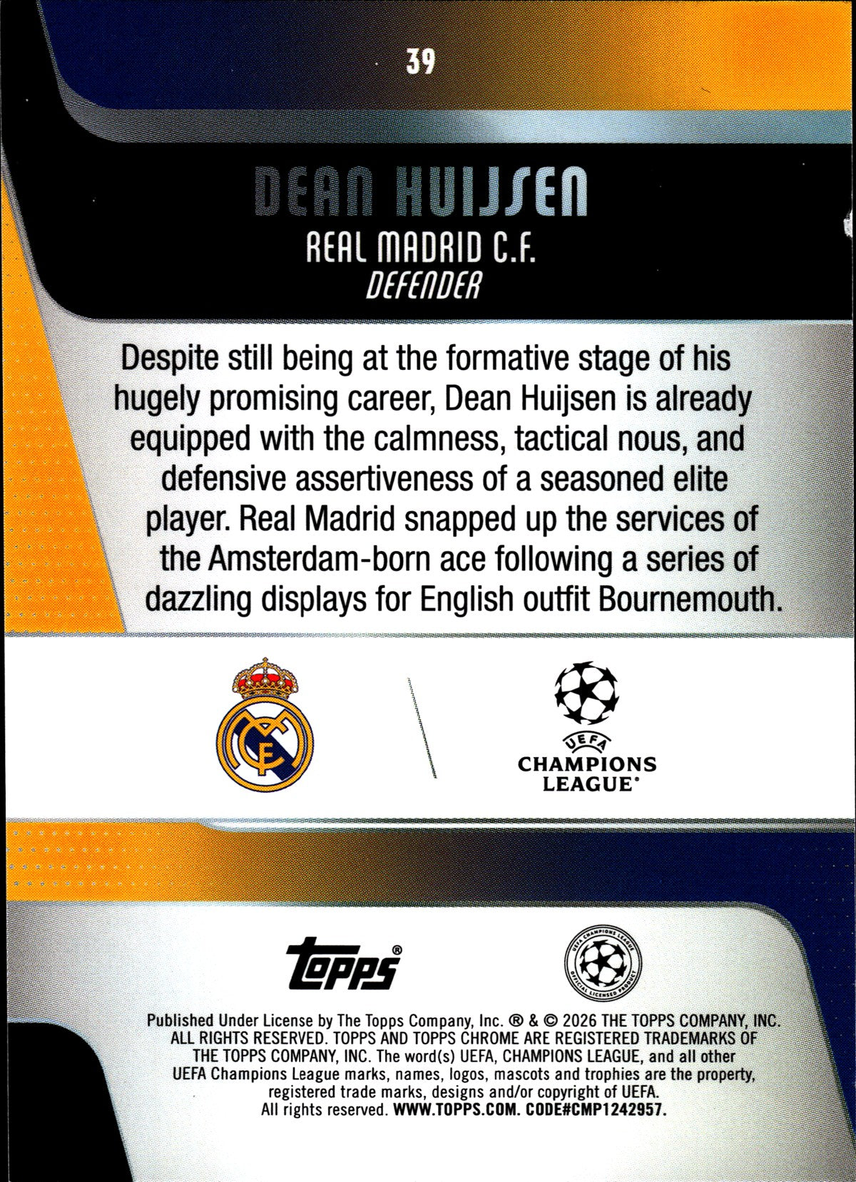 2025-26 Topps Chrome UEFA Club Competitions #39 Dean Huijsen – Real Madrid – back