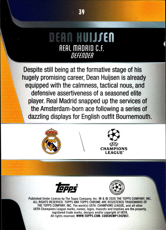 2025-26 Topps Chrome UEFA Club Competitions #39 Dean Huijsen – Real Madrid – back