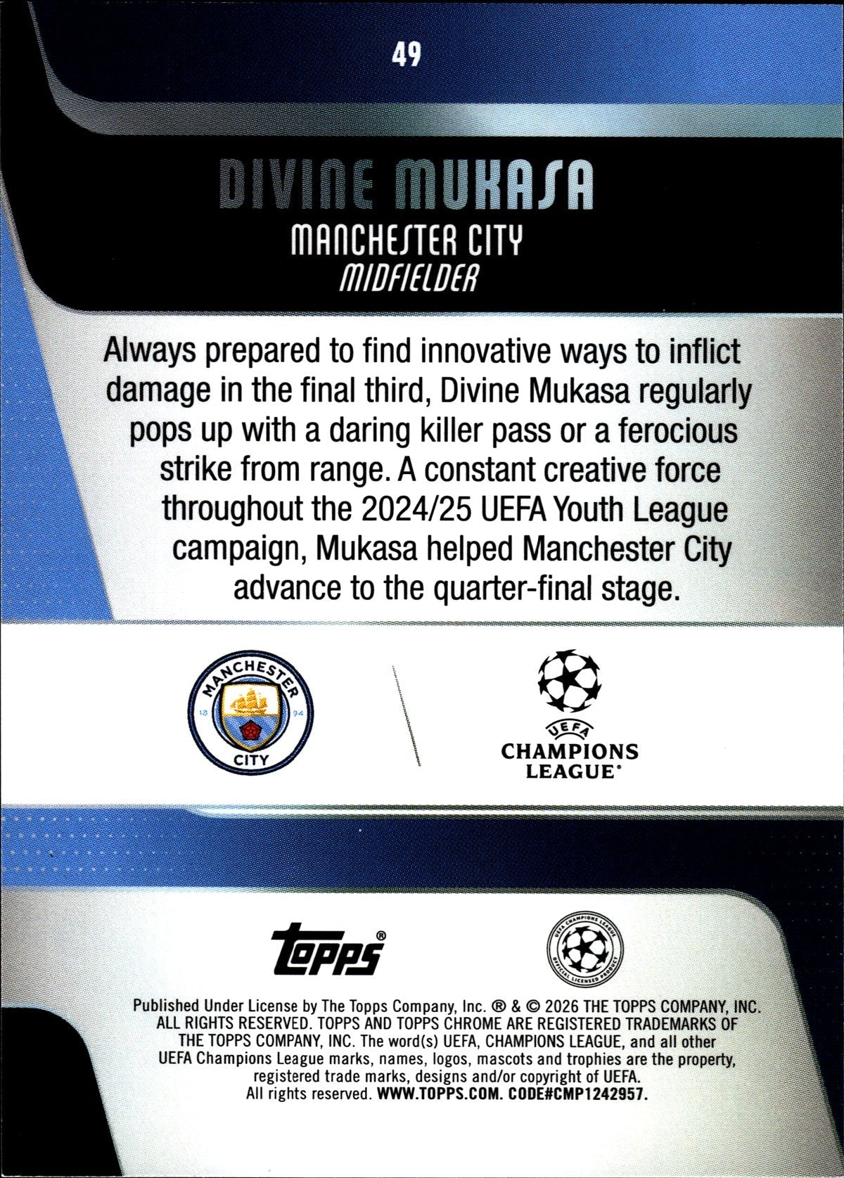 2025-26 Topps Chrome UEFA Club Competitions #49 Divine Mukasa RC – Manchester City – back