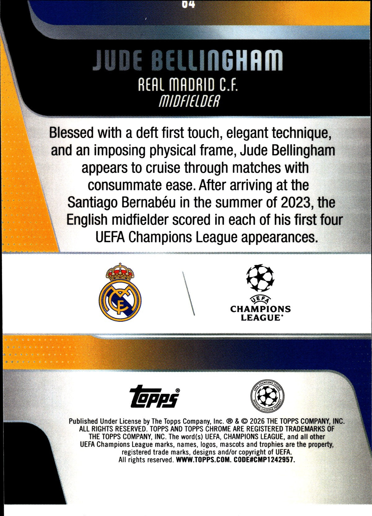 2025-26 Topps Chrome UEFA Club Competitions #64 Jude Bellingham – Real Madrid – back