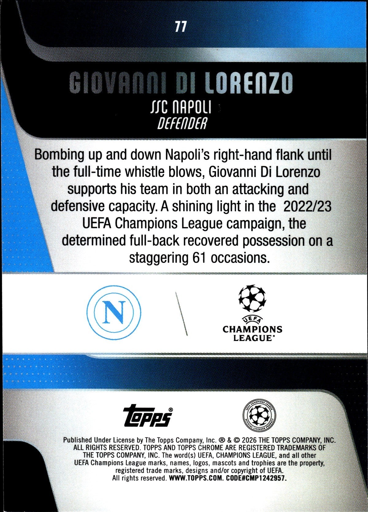 2025-26 Topps Chrome UEFA Club Competitions #77 Giovanni Di Lorenzo – SSC Napoli – back