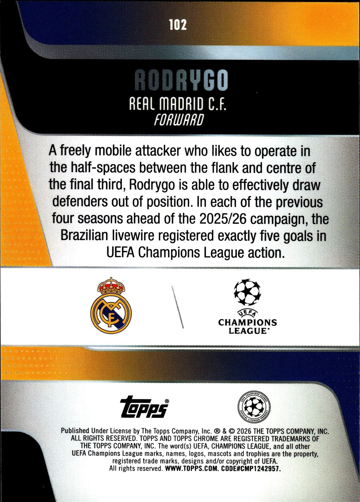 2025-26 Topps Chrome UEFA Club Competitions #102 Rodrygo – Real Madrid – back